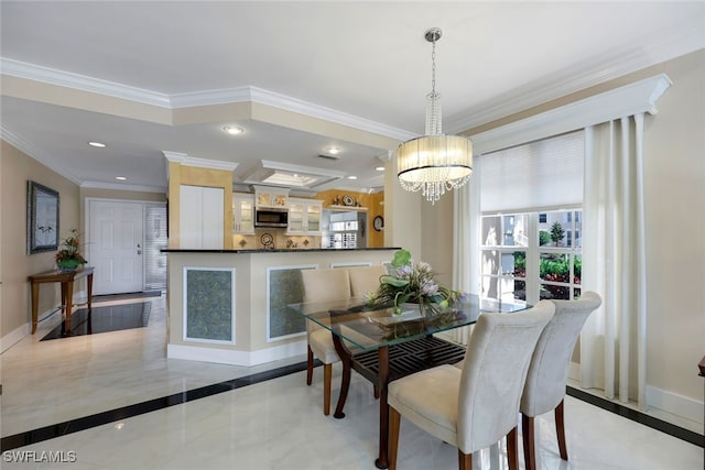 dining area featuring an inviting chandelier, crown molding, and light tile patterned flooring