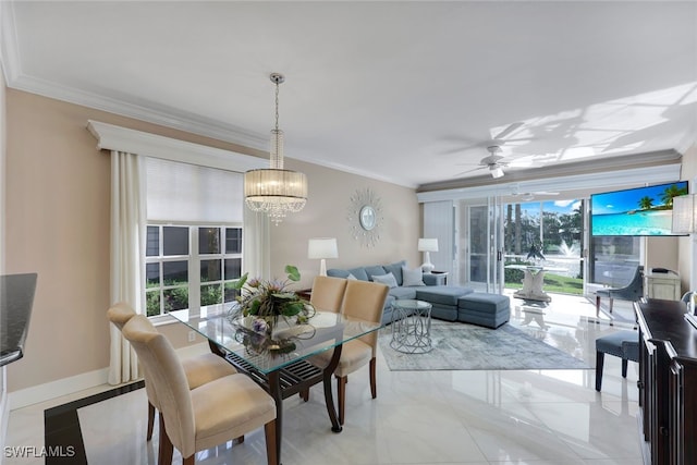 tiled dining area featuring ceiling fan with notable chandelier, plenty of natural light, and ornamental molding