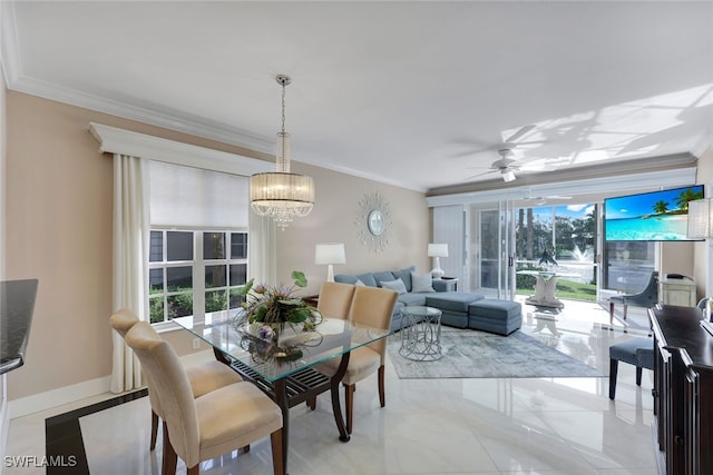 651 Wiggins Lake Dr Unit 101, Naples, FL 34110 - dining room featuring ornamental molding, a chandelier, and ceiling fan