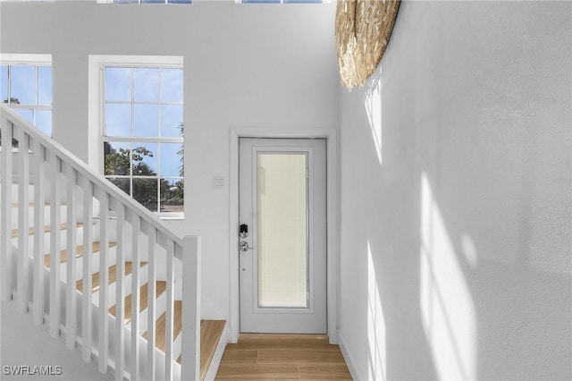 entrance foyer with a healthy amount of sunlight and light hardwood / wood-style floors