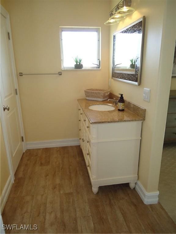 bathroom with hardwood / wood-style floors and vanity