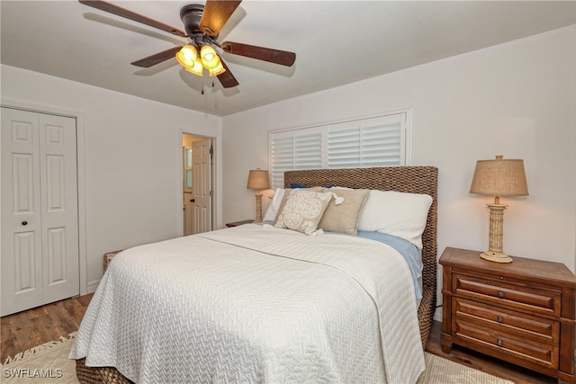 bedroom featuring a closet, ceiling fan, and hardwood / wood-style flooring