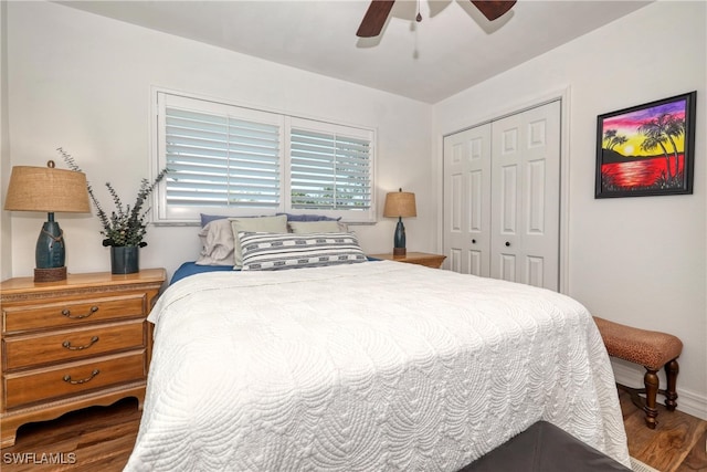 bedroom with a closet, ceiling fan, and hardwood / wood-style flooring