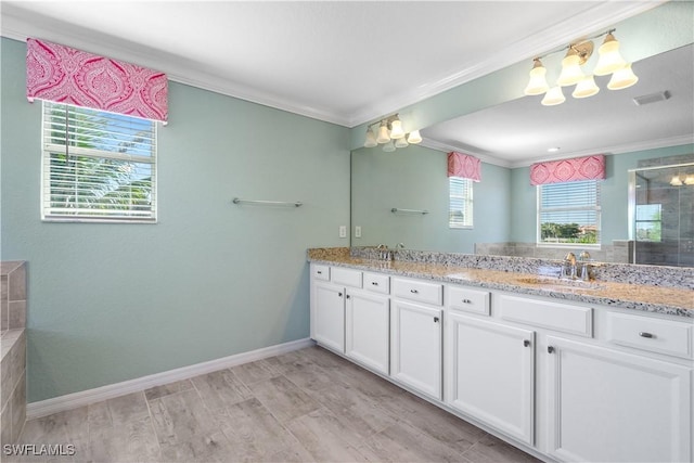 bathroom with crown molding, vanity, wood-type flooring, and an enclosed shower