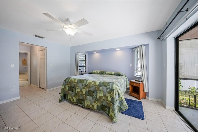 tiled bedroom featuring access to outside and ceiling fan