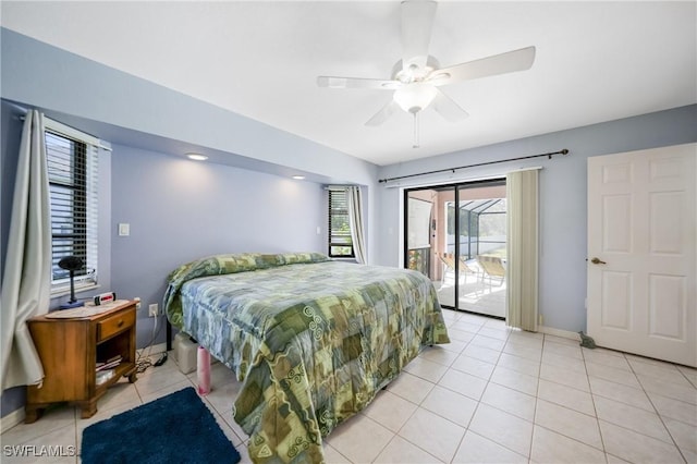 bedroom with ceiling fan, access to exterior, and light tile patterned floors