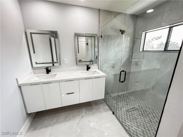 bathroom featuring vanity and walk in shower