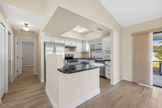 kitchen with dark stone counters, white cabinets, a healthy amount of sunlight, and appliances with stainless steel finishes