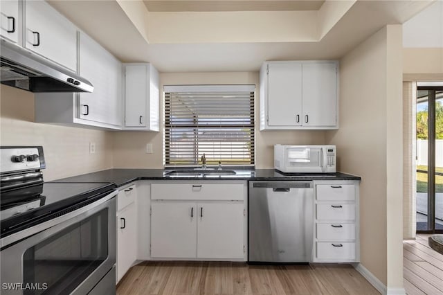 kitchen with white cabinets, light hardwood / wood-style floors, sink, and stainless steel appliances