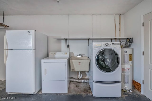 washroom featuring sink, separate washer and dryer, and water heater