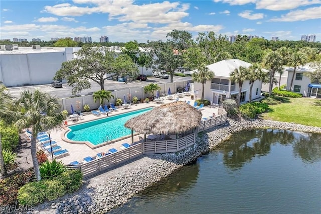 drone / aerial view featuring a water view