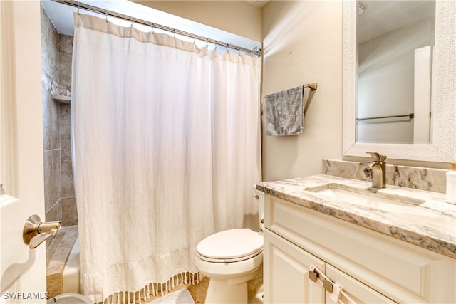 full bathroom featuring shower / bath combination with curtain, vanity, and toilet