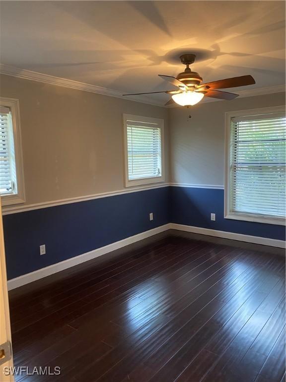 unfurnished room with dark wood-type flooring, ceiling fan, ornamental molding, and plenty of natural light