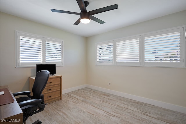 home office featuring light hardwood / wood-style flooring, plenty of natural light, and ceiling fan