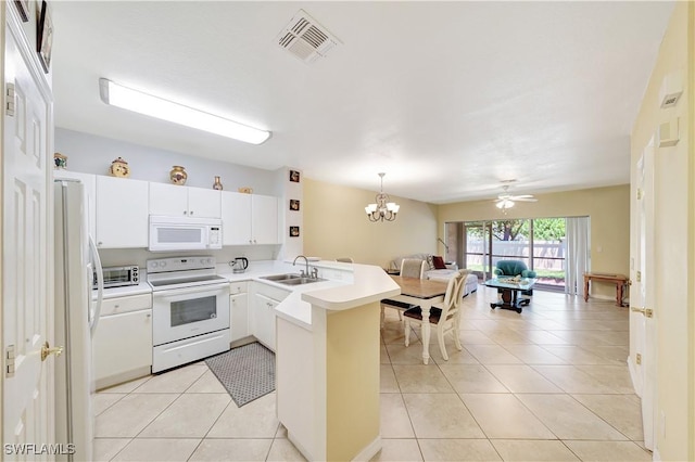 kitchen featuring kitchen peninsula, white appliances, pendant lighting, light tile patterned floors, and white cabinetry