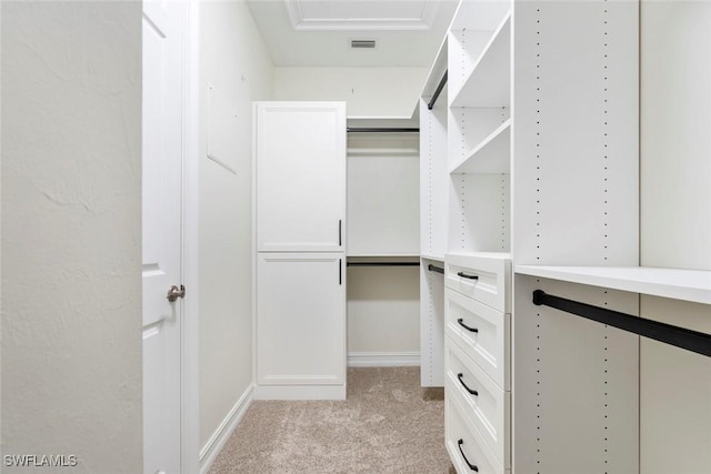 spacious closet featuring light colored carpet