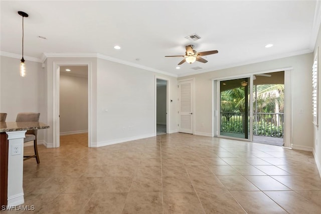 tiled empty room with ceiling fan and ornamental molding