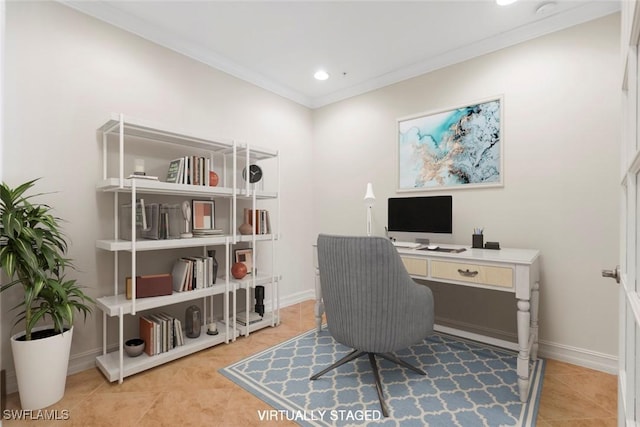 home office featuring tile patterned floors and crown molding