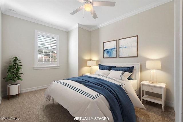 carpeted bedroom with ceiling fan and crown molding