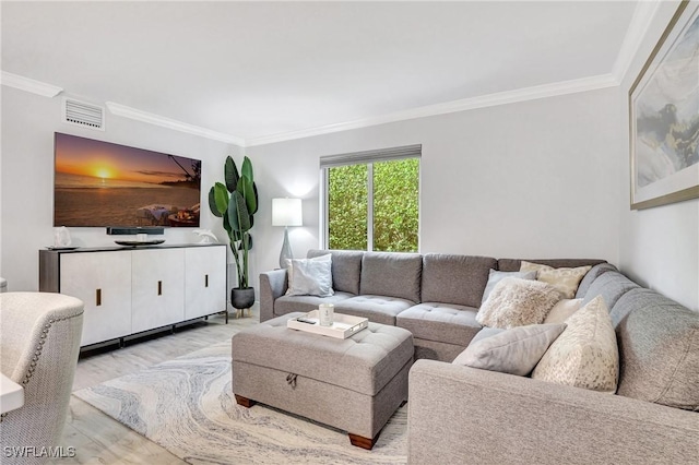 living room featuring crown molding and light hardwood / wood-style floors