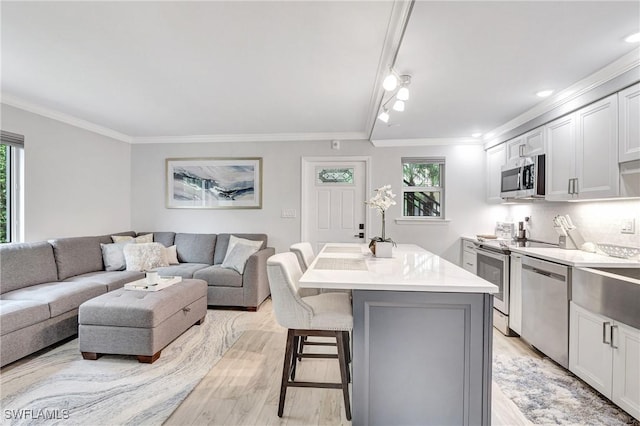 kitchen with stainless steel appliances, an island with sink, ornamental molding, and a kitchen bar