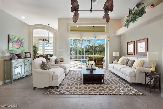 living room with ceiling fan