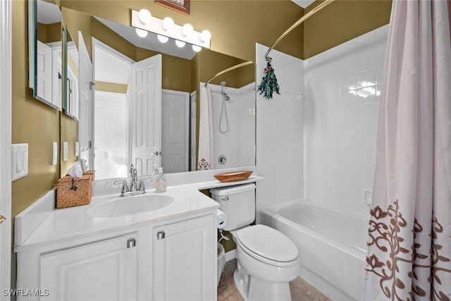 full bathroom featuring vanity, shower / bath combo, and toilet