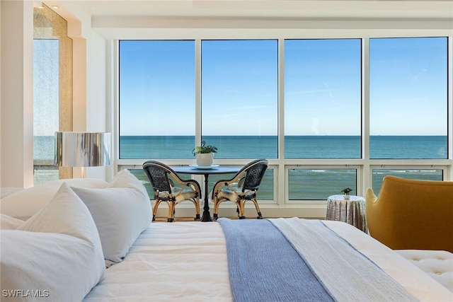 bedroom featuring a water view