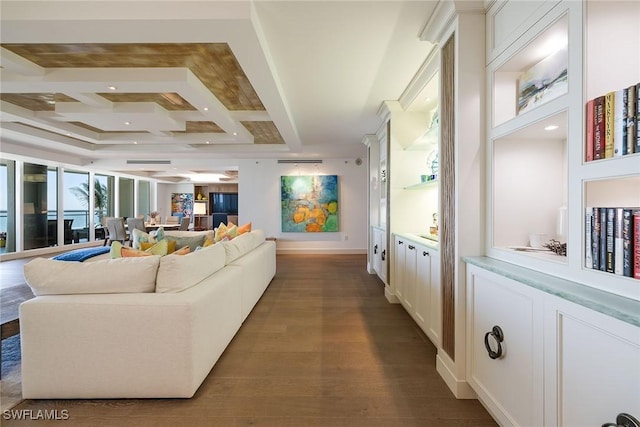 living room with wood-type flooring, beam ceiling, and coffered ceiling