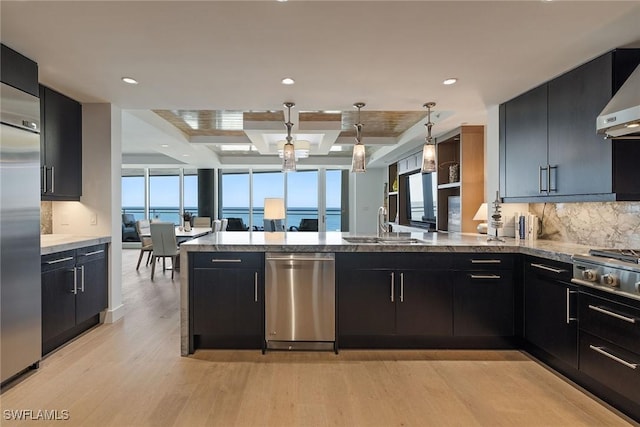 kitchen with tasteful backsplash, pendant lighting, light hardwood / wood-style flooring, appliances with stainless steel finishes, and a water view