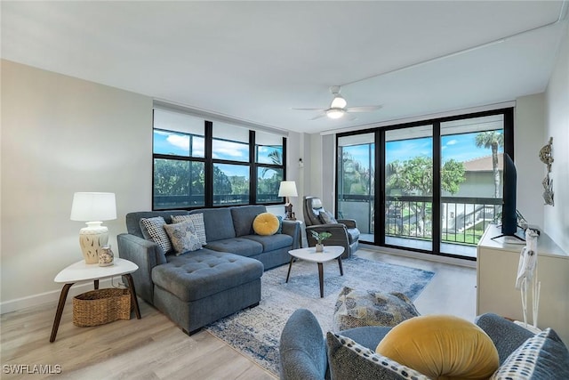 living room featuring ceiling fan, a wall of windows, and light hardwood / wood-style flooring