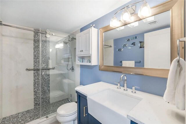 bathroom with vanity, toilet, and an enclosed shower