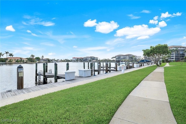 dock area with a water view and a lawn