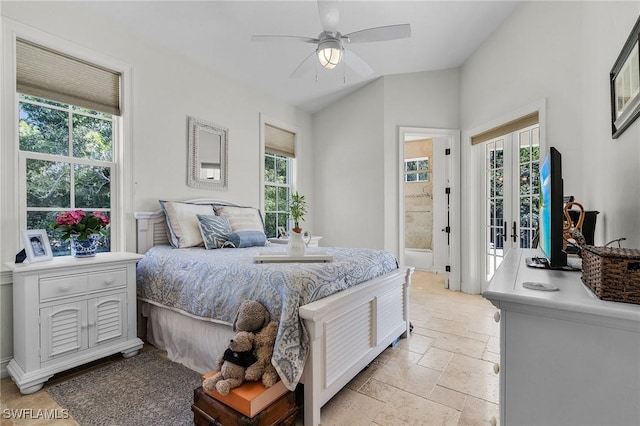 bedroom with french doors, access to outside, and ceiling fan