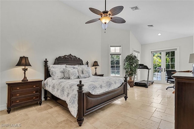 bedroom with access to exterior, ceiling fan, multiple windows, and lofted ceiling