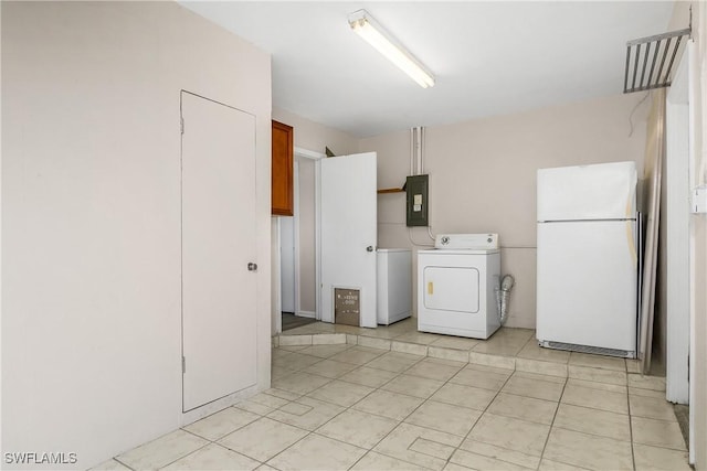 laundry room with washing machine and dryer and electric panel