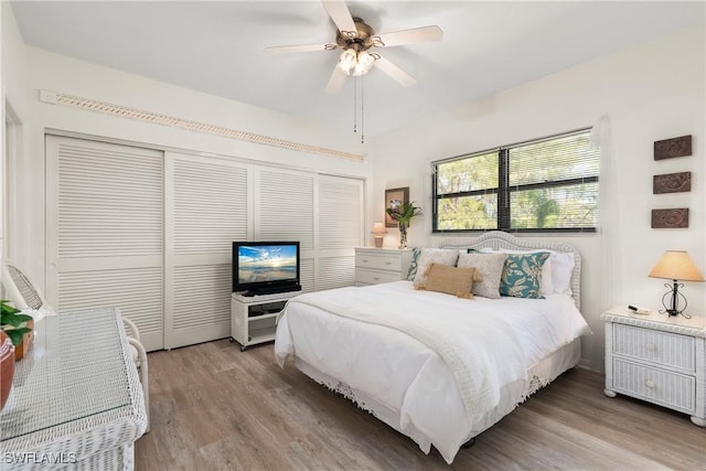 bedroom with light wood-type flooring, ceiling fan, and a closet