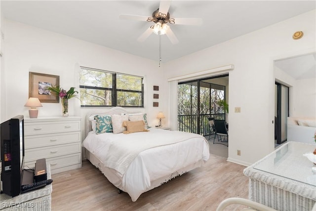 bedroom featuring ceiling fan, light hardwood / wood-style flooring, and access to exterior