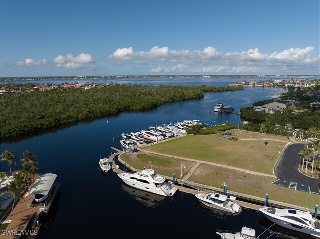 drone / aerial view with a water view