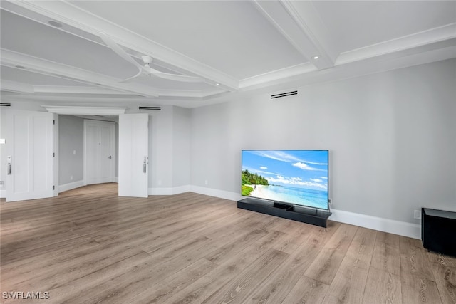 unfurnished living room with beamed ceiling and light hardwood / wood-style flooring