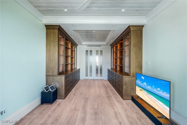 interior space featuring french doors, light hardwood / wood-style flooring, and ornamental molding