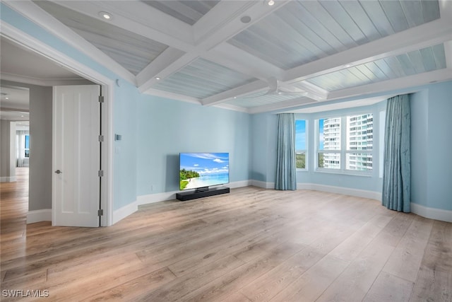 unfurnished living room with beam ceiling and light hardwood / wood-style floors