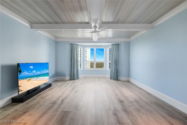 unfurnished living room with beamed ceiling and light hardwood / wood-style flooring