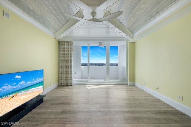 unfurnished living room with beamed ceiling, light hardwood / wood-style floors, and wood ceiling