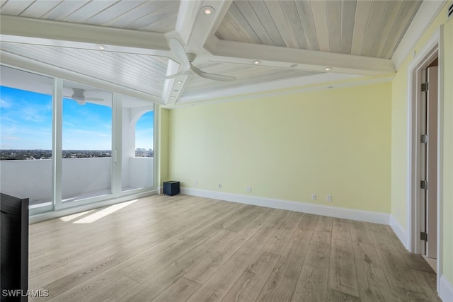 unfurnished room with beam ceiling, light wood-type flooring, and ceiling fan