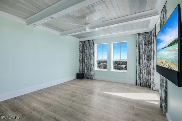 spare room featuring beamed ceiling, ceiling fan, and light hardwood / wood-style flooring