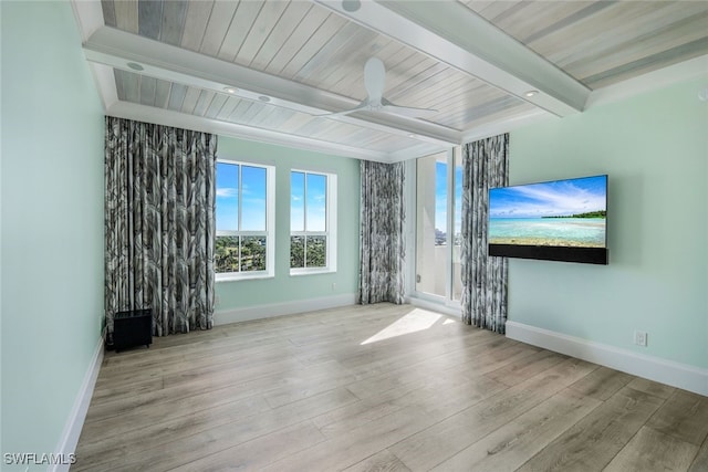 unfurnished living room with ceiling fan, beam ceiling, and light hardwood / wood-style floors