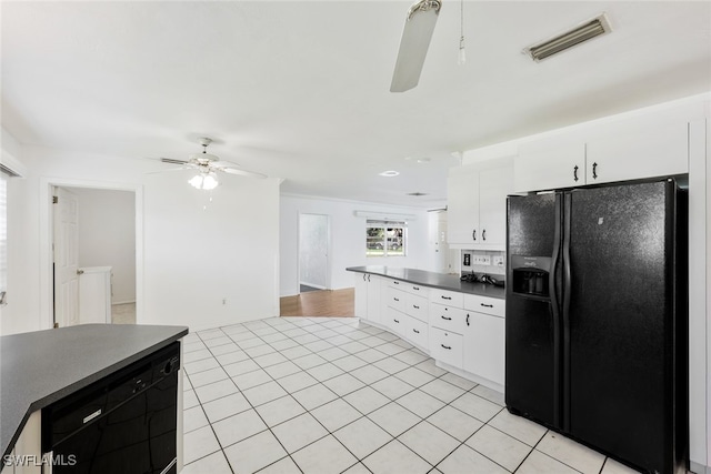 kitchen featuring light tile patterned floors, white cabinetry, black refrigerator with ice dispenser, and ceiling fan