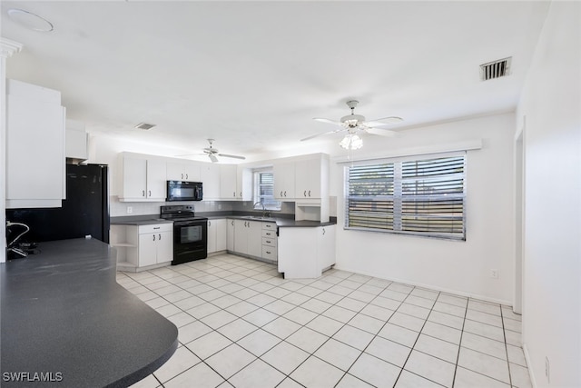 kitchen with white cabinets, light tile patterned floors, ceiling fan, and black appliances