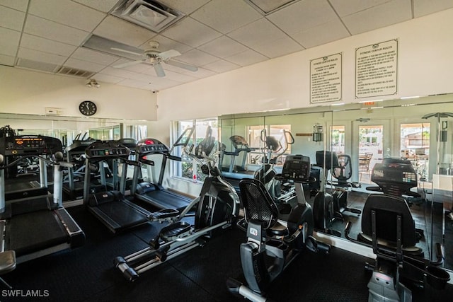 exercise room with ceiling fan and a paneled ceiling